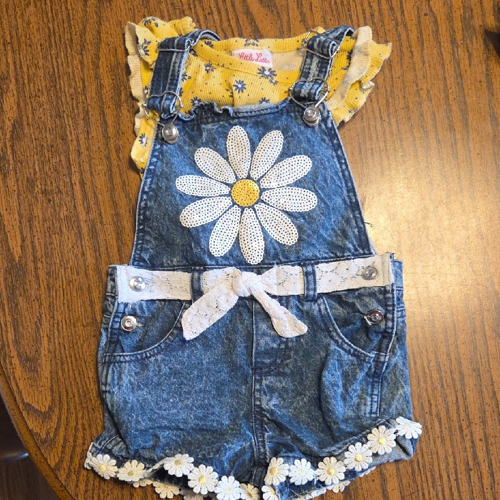 Little Lass Denim Daisy Shortalls with Yellow Floral Top